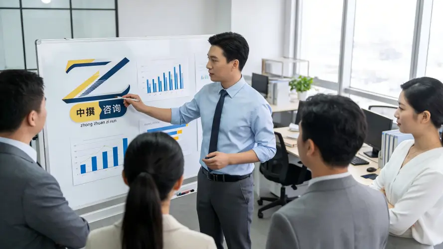 中撰咨询团队会议室讨论项目报告